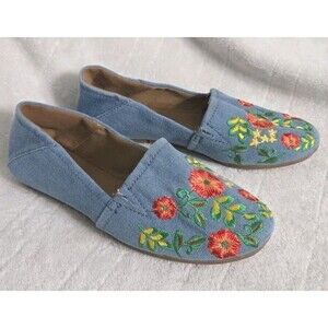 Style & Co Women's Flat Shoes Sz 8 Blue Comfort Slip On Denim Embroidered Floral